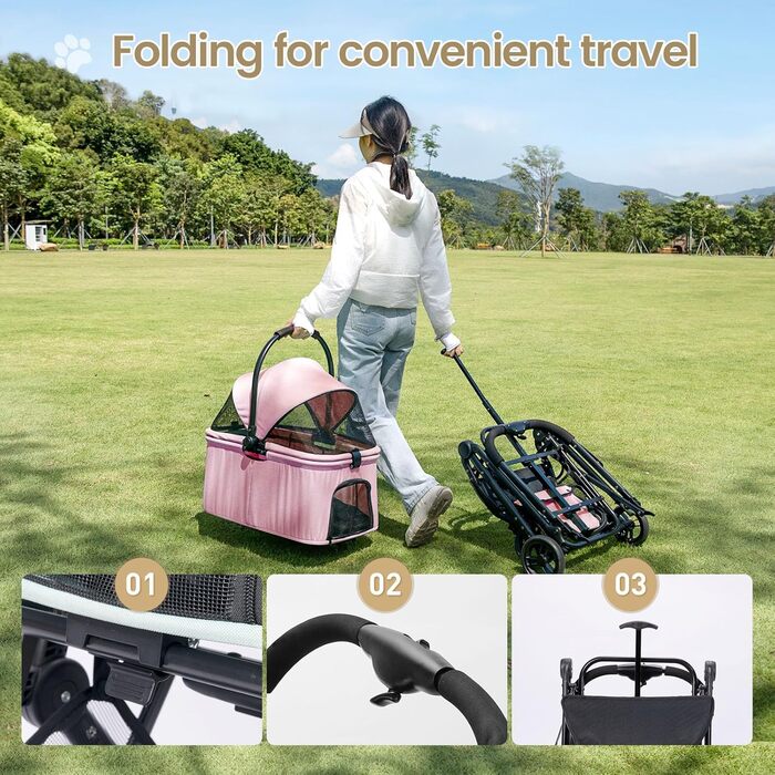 Дитячий візок-перевертач 2-в-1 для собак з знімним кошиком, складний візок для цуценят на 4 колесах, мінімалістичний візок для тварин з кишенькою для зберігання для середніх та маленьких собак, рожевий