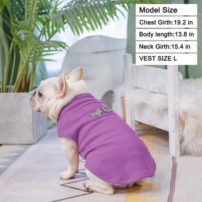 Пуловер для собак BEAUTYZOO з флісу, теплий зимовий пуловер для малих та середніх собак, куртка з D-кільцем, фіолетовий, розмір L (обхват грудей 48.2 см)