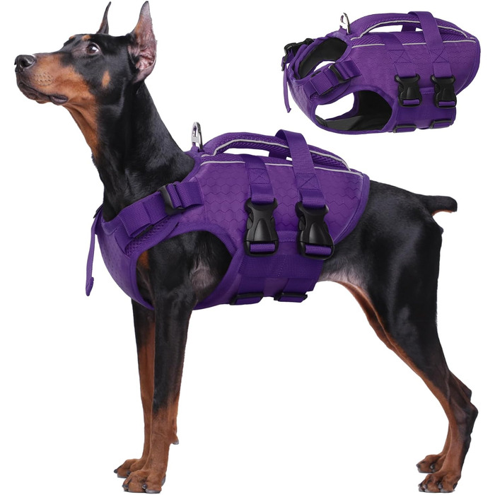 Світшот для собак Kuoser: рятувальний жилет для малих, середніх та великих собак, регульований, з Ripstop, з ручкою для рятування, висока плавучість, для цуценят, пляжний купальник (XL, фіолетовий)