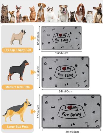Килимок під миску для собак та котів, сірий, 30x50 см, з принтом 'I love my fur Baby'