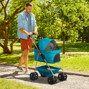 Складний ящик для собак PawHut 3 в 1 Dog Buggy Foldable Dog Box, складна транспортна сумка з підстаканником, Dog Buggy, Котяча коляска з колесами 360° Cat Buggy для міні собак до 4 кг, бірюзовий | Аосом