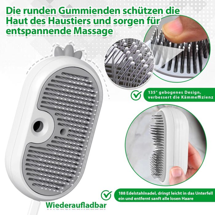 Дampова щітка для котів 4-в-1 з розпилювачем та функцією самоочищення, IPX7, білий колір