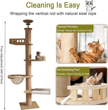 Котячий кігтетоп на стелю Kratzbaum, кігтетоп-капсула, гамак для котів, повністю обмотаний сизалевим мотузком, ширина 11 см, висота до стелі (240-250 см, 265-275 см T04)