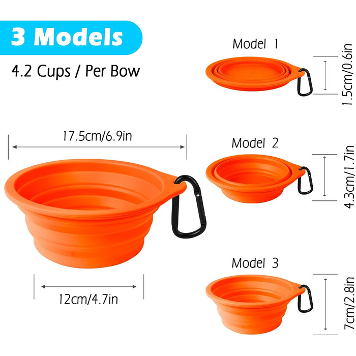 Складні миски для собак PetBonus, 2 шт. Силіконові миски для води та корму для собак, для подорожей, з карабіном (1000 мл, помаранчевий, жовтий)
