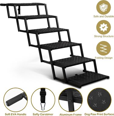 Сходинка для собак у машину - широка, складна, з антиковзаючою поверхнею, для великих собак, підходить для авто, SUV, вантажівок, витримує до 113 кг, 6 сходинок