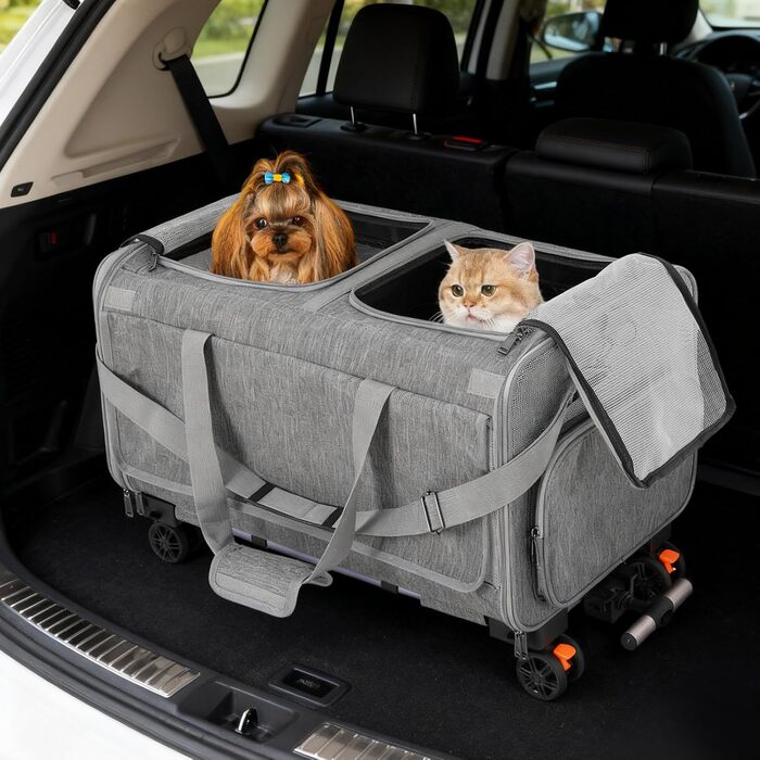 Транспортна переноска для котів та собак Apriltop з двома відділеннями та колесами, 60x40x45 см, сіра