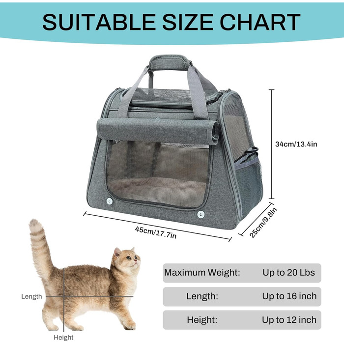 Транспортна сумка для котів та дрібних собак YooxArmor, 45 x 25 x 34 см, до 9 кг, сіра