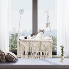 Макраме лежак-гамак для кота на вікно Boho, настінний з кріпленням на присосках, флісова підстилка і іграшка-м'яч, для відпочинку, засмаги та огляду, до 4 кг
