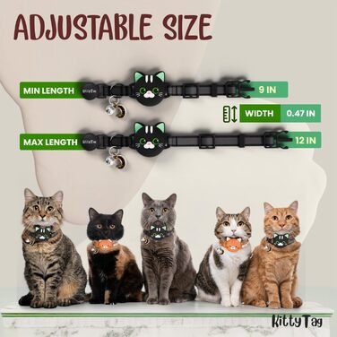 Нашийник для кота KittyTag з аксесуарами, сумісний з Apple Airtag, світловідбиваючий та світовий, GPS, захист від задушення, регульований (Чорний)