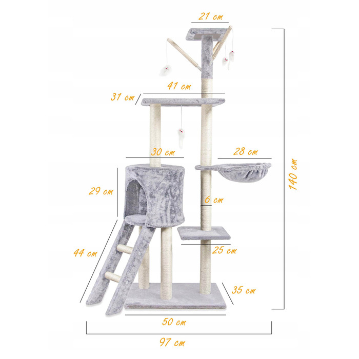 Когтеточка-вежа для котів Pet HOBBY, сіра, 101-160 см, 5 рівнів, сизаль