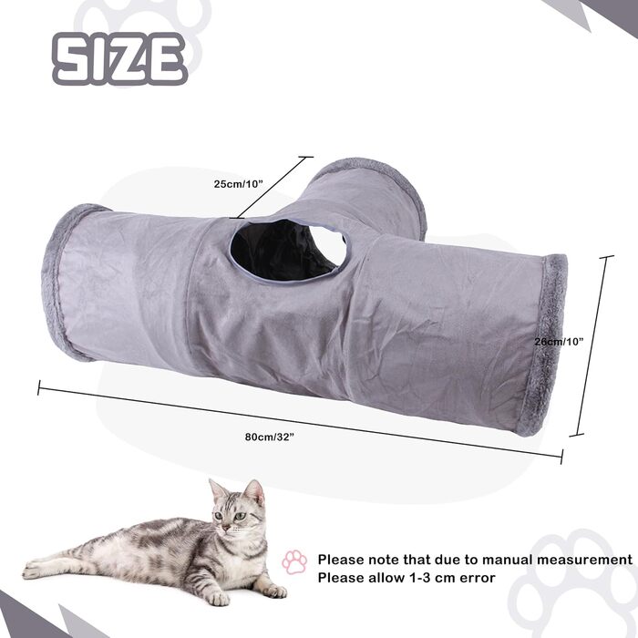 Туннель для котів Mymai з м'яким велюром, інтерактивний шурхотливий тунель з 2 підвісними іграшками, для кроликів та маленьких тварин (Сірий)