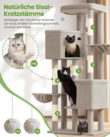 Комплекс для котів Kratzbaum XXL 213 см, світло-сірий: кігтеточка, будиночок, платформа, гамак