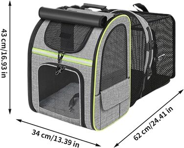 Висувний рюкзак для котів | Транспортна сумка для котів – переноска для тварин, розширювана, дихаюча, складна, для подорожей, піших прогулянок, транспортування (Сірий з зеленими краями)