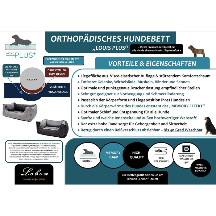 Ортопедичне собаче ліжко Ebon - 3 розміри (80, 100, 120 см) - М'яке, з високим бортиком, для найкращого сну, Made in EU, 3 кольори, XL, сірий