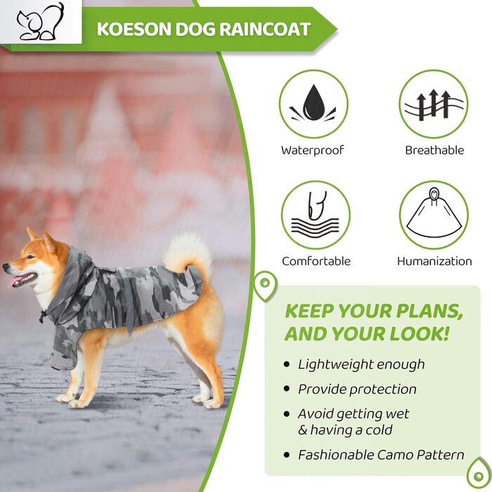 Регенковий плащ для собак Koeson: водонепроникний, світловідбиваючий, регульований, з отвором для повідка, камуфляж, легкий, для середніх та великих собак, сірий XL