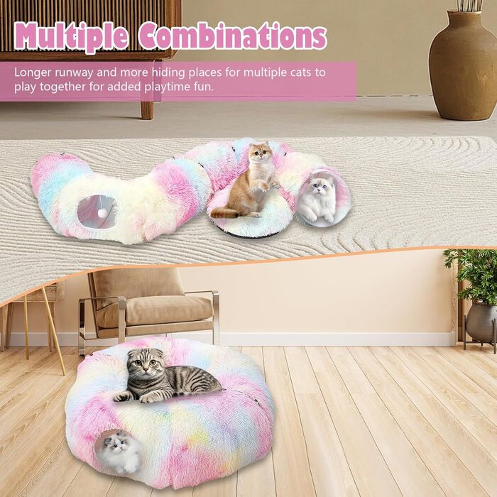 Туннель для котів, великий, з місцем для сну та лежаком, 2 входи, котяча печера, підвісні кульки, тунель для кота, кольоровий