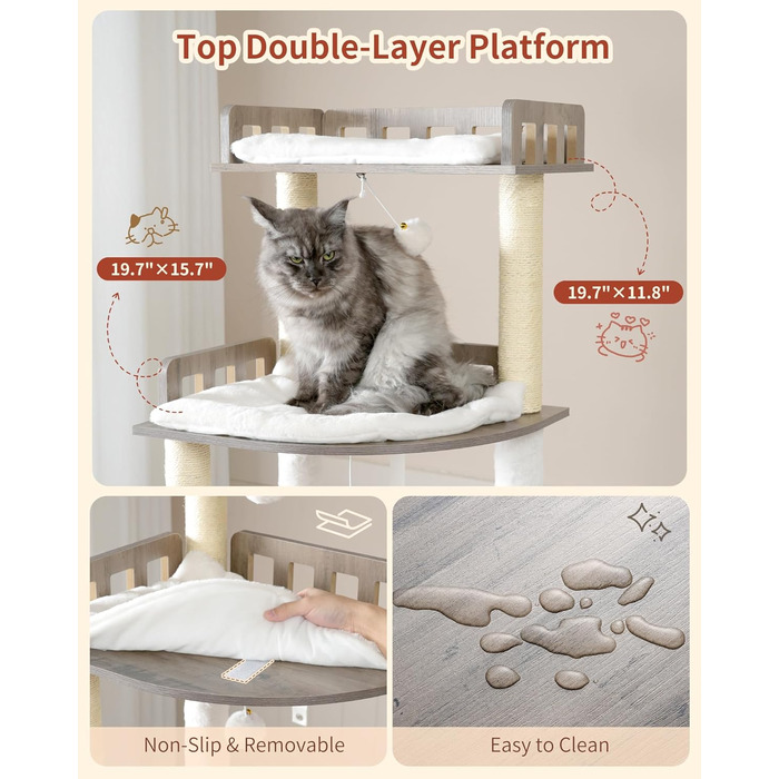 Дерев'яний когтеточка Heybly Kratzbaum 179 см з будиночком та гамаком, HCT121WB (Вінтаж-Сірий)