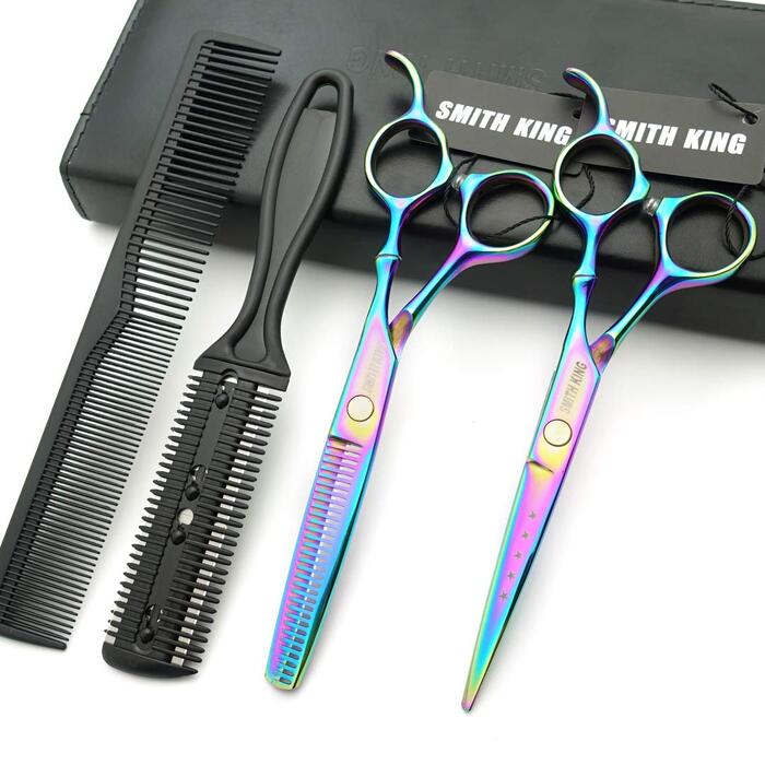 Набір професійних перукарських ножиць: ножиці для стрижки та ножиці для розрідження волосся + гребінці, кольоровий