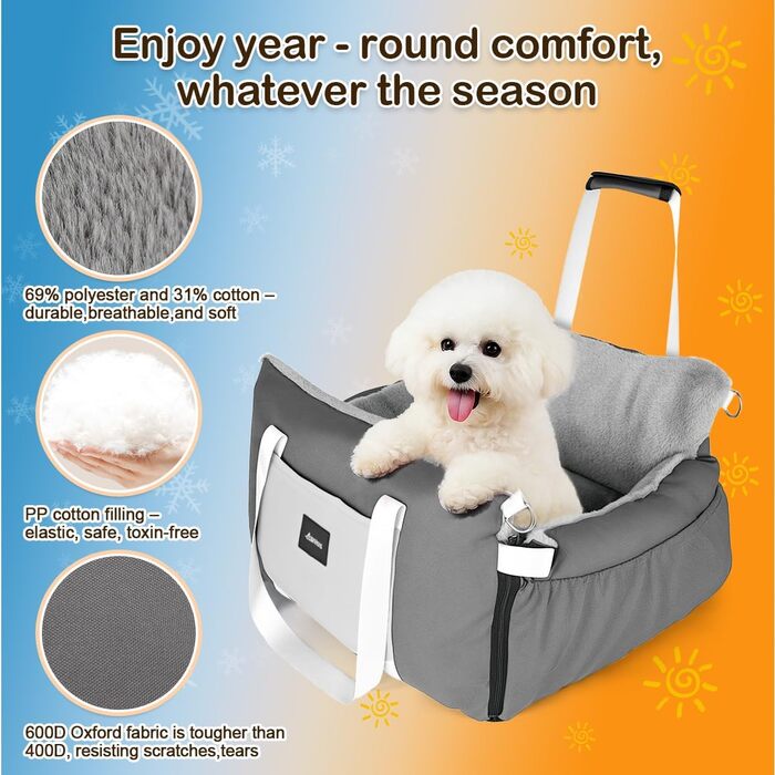Автокрісло для собак 3-в-1 з розкладним ліжком – переносна автолюлька для маленьких собак, з м'яким матрацом, для переднього або заднього сидіння, внутрішнє та зовнішнє використання (02-Сірий)