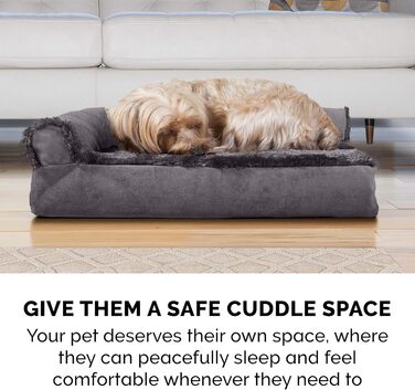Крісло-лежанка для собак великих порід FurHaven з підголовником та знімним чохлом, плюш та оксамит, L-подібне, сірий колір, Jumbo/XL, 102 x 81 x 20 см