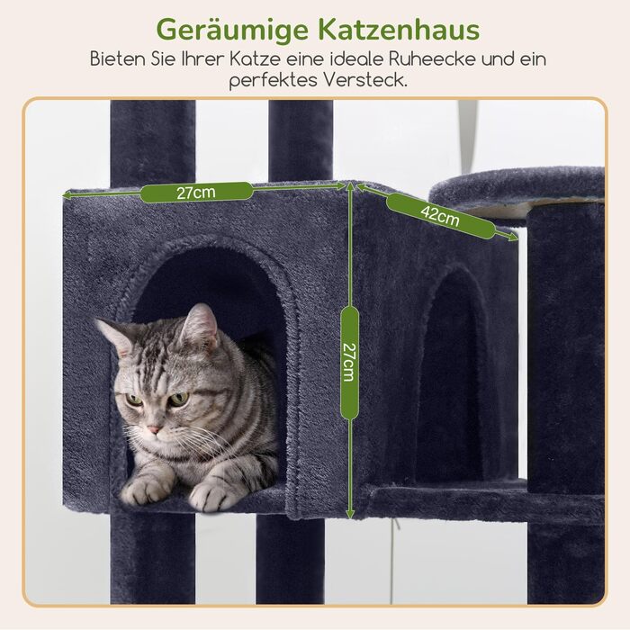 Комплекс для котів Globlazer Kratzbaum 165 см для великих котів, темно-сірий: будиночок, платформа, лежак, стовпчики