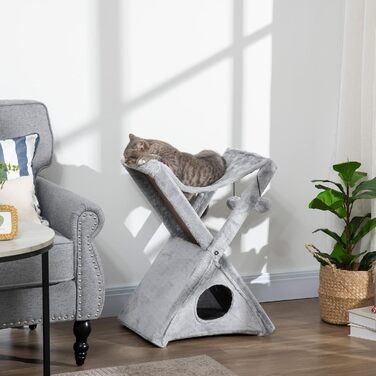 Котячий будиночок PawHut з когтеточкою, драбинкою, гамаком і лежаком, сірий, 54,5x32x65 см, плюш, сизаль, ДСП