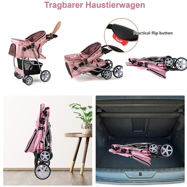 Собачий візок SOARS для собак до 15 кг, розкладний, з сітчастими віконцями, тримачем для напоїв та кошиком для зберігання, для маленьких тварин (Рожевий)