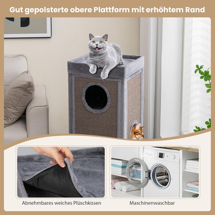 Кігтеточка GYMAX 40x40x99 см, 4-ярусна кігтеточка-будиночок з 3 печерами, знімні плюшеві подушки та 2 когтеточки, стійка кігтеточка для котів, сіра