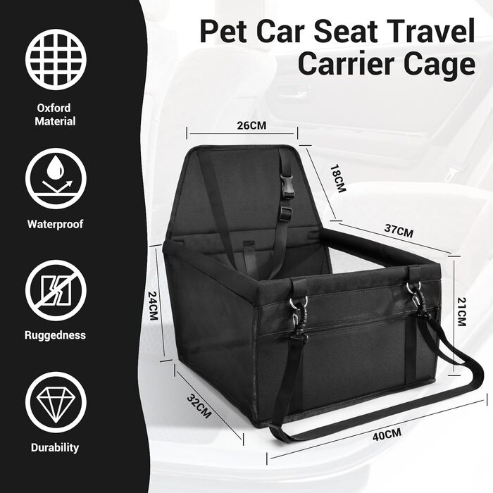 Автомобільний сидіння для собак - чорний, з Oxford тканини, дихаючий, знімне, для собак маленьких та середніх порід