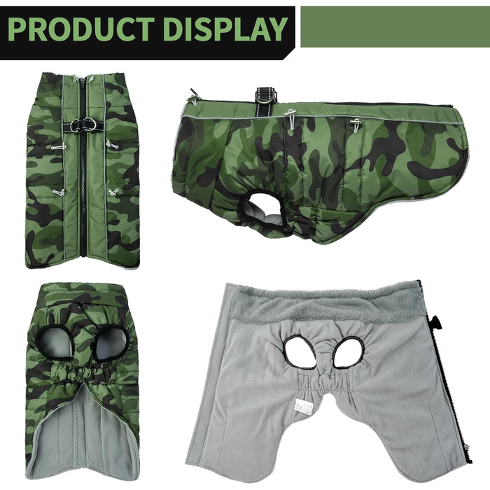 Водонепроникний зимовий одяг для собак, теплий куртка для собак з отвором для шлейки, для малих, середніх та великих собак, військовий камуфляж, з світловідбиваючими смугами, блискавка, XL