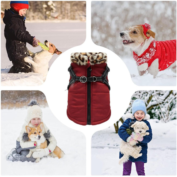 Зимовий теплий жилет для собак з інтегрованим шлейкою, водонепроникний, відбиваючий | для малих, середніх та великих собак (Бургунді)