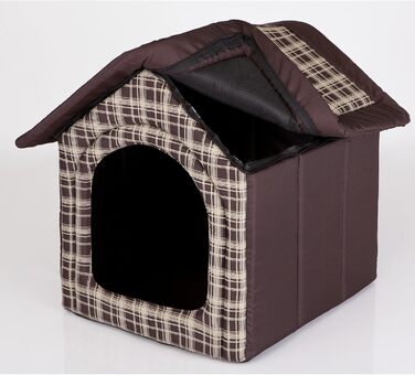 Лежак-будка для собак millybo R2, 44x38 см, коричневий з білим картатим візерунком