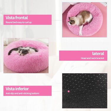 М'яке кругле ліжко для собак та котів 60см – зручне лежанка-пончик для маленьких собак та котів, миється, не слизьке, плюшеве ліжко для тварин, сірий (L 60 x B 60 x H 20 cm, Рожевий)