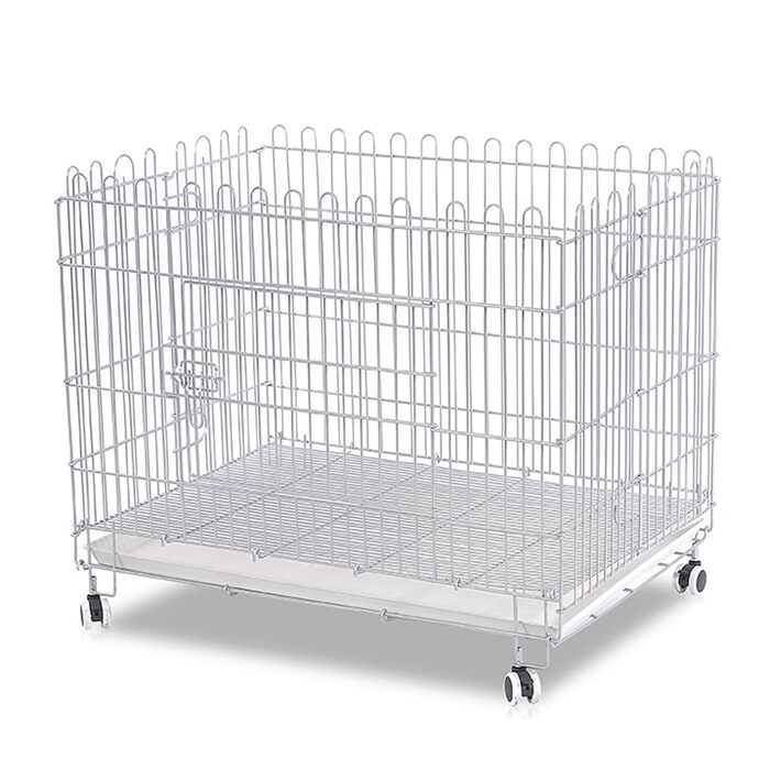 Клітка для собак, переноска для собак, складана з металу, біла. Підходить для маленьких та середніх собак. З піддоном та коліщатками.