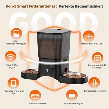 Інтелектуальний автоматичний годівник для котів HoneyGuardian з Wi-Fi (5G), 2/4 миски, керування через додаток, нержавіюча сталь, повільна миска