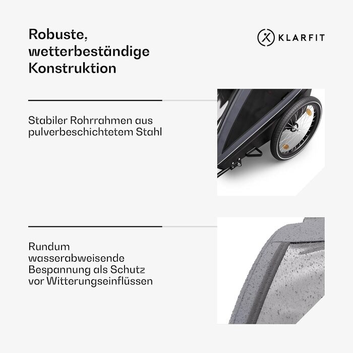 Klarfit GoKiddo: Дитячий велопричіп для 2 дітей - 2-в-1 (велопричіп та візок) з гальмами, ременями безпеки, регульованими сидіннями, 40 кг вантажопідйомністю, захистом від дощу та UV-променями, складаний, темно-сірий