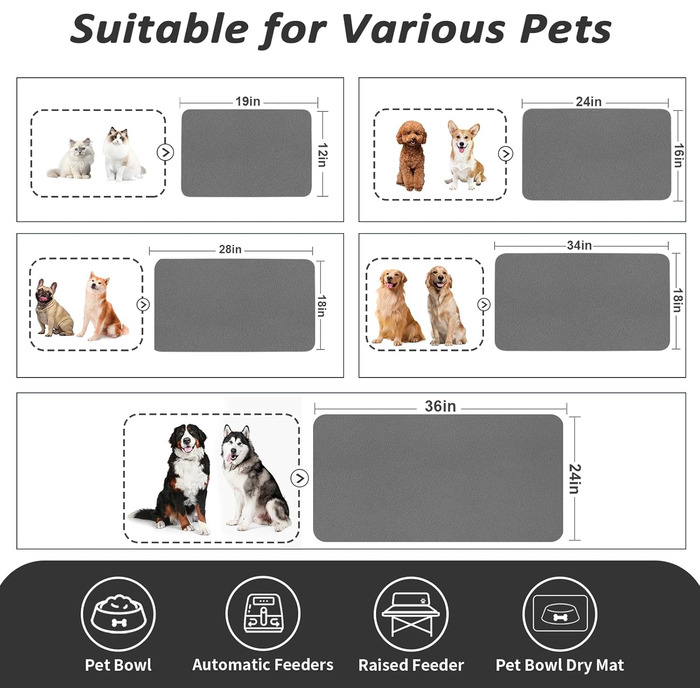 Килимок для годування домашніх тварин HotLive: поглинаючий, без плям, для собак та котів. Легко миється, швидко сохне. Розмір 12'x19' (18'x28', сірий, темно-сірий)