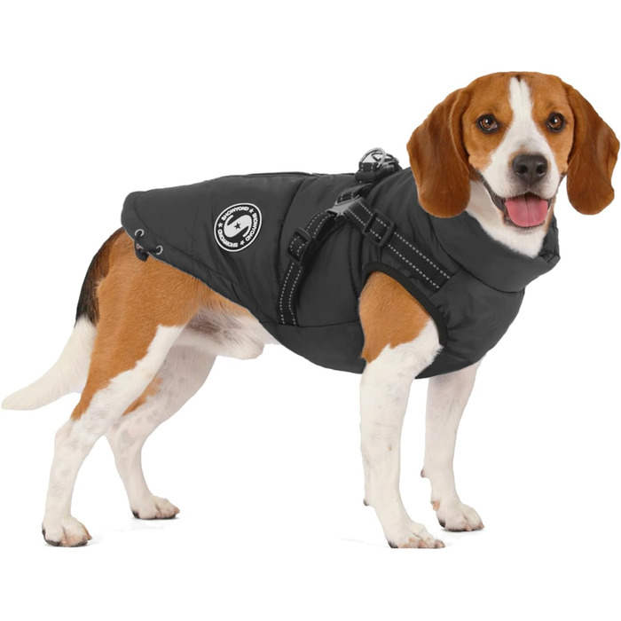 Теплий зимовий одяг для собак M+ чорного кольору: куртка, жилетка, одяг для маленьких собак, водонепроникний, з відбиваючими елементами