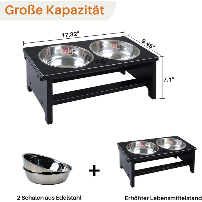 Підвищені годівниці для собак HTB, бамбук, з 2 мисками з нержавіючої сталі, 44x24x18 см, 18 см висота, чорний колір