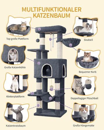 Дерево для котів Hzuaneri Kratzbaum 149 см з 5 стовпчиками для шліфування, платформами, печереєю, багатоярусне котяче ігрове дерево, помпонами, MS14918LG (темно-сірий)