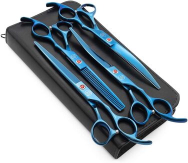 Професійний набір для стрижки собак Moontay: 4 ножиці (пряма, вигнута вгору, вигнута вниз, фінішна) з JP нержавіючої сталі, 17.8 см (7 дюймів), блакитний