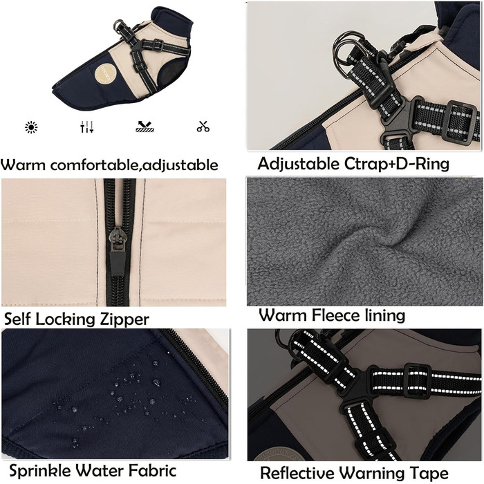 Зимова куртка для собак з повідком, для малих та середніх собак, водонепроникна, регульована, розмір XX-Large, темно-синій