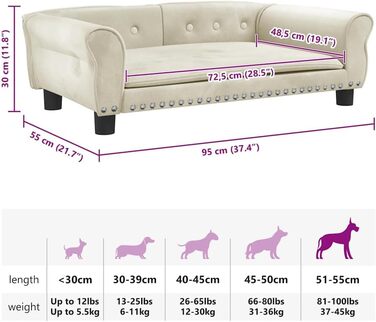 Крісло-ліжко для собак, м'яке ліжко для собак, диванчик для собак, ліжко для котів, світло-кремовий оксамит (95 x 55 x 30 см)