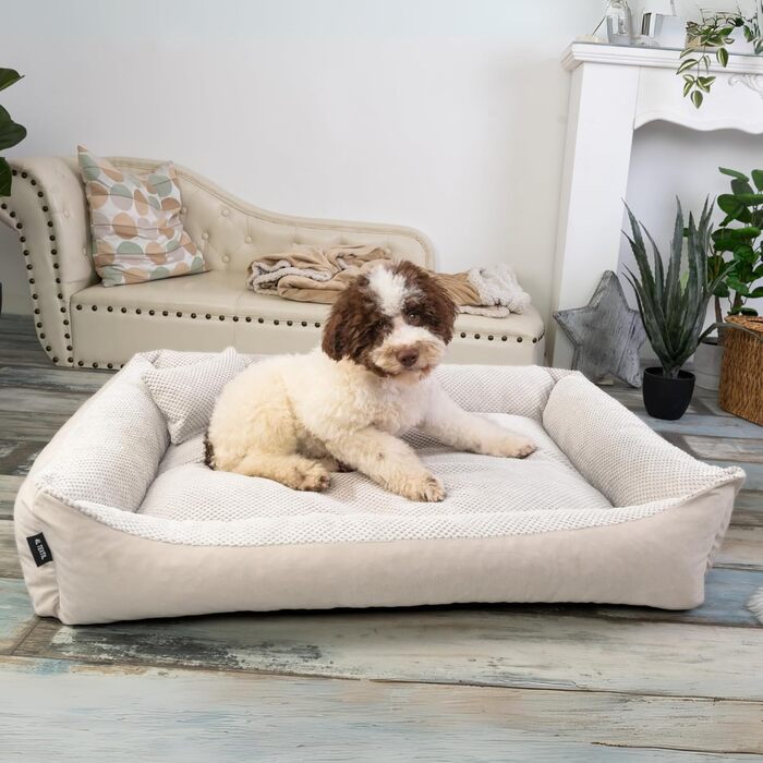М'яке ліжко для собак 4L Textil Teo, бежеве, 100x80 см. Знімний та пральний чохол, корзина для собак середнього розміру, зручне собаче ліжко.
