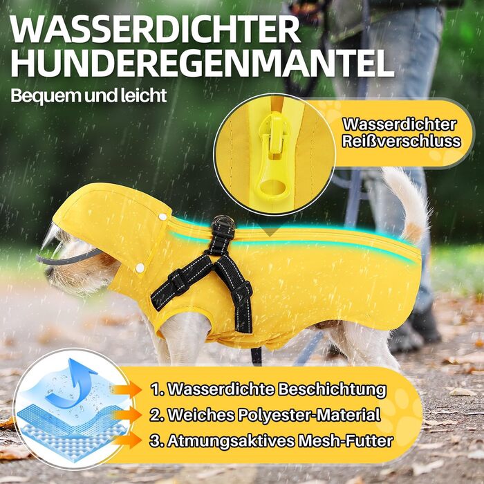 Водонепроникний дощовик для собак Eyein з капюшоном та кріпленням для шлейки, з світловідбиваючими елементами та дихаючою підкладкою, для малих, середніх та великих собак