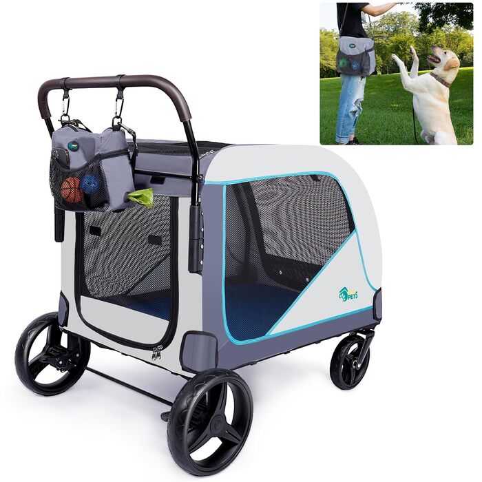 Візок для собак Ownpets XL для великих собак до 70 кг, з місткою сумкою, регульованою ручкою, дихаючим мережем, складний, 4 гумові колеса
