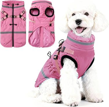 Теплий зимовий одяг для собак – куртка з флісу, світловідбиваюча, водо- та вітронепроникна, з інтегрованим повідком, рожева