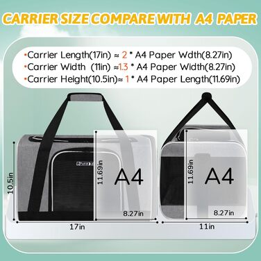 Транспортна сумка для тварин Petskd, схвалена авіакомпаніями, сіра, для котів та собак середніх розмірів, 17.0' x 11.0' x 10.5'