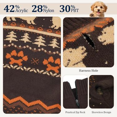 Теплий в'язаний светр для собак Fair Isle з отвором для шлейки, каштановий, розмір 2XL