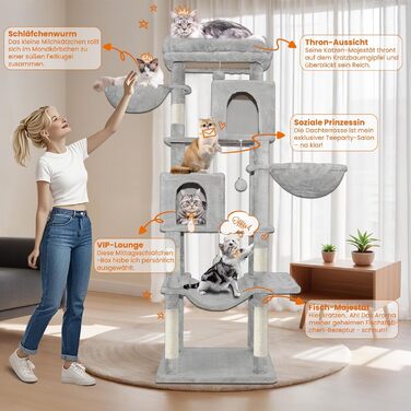 Котячий комплекс LEEJARD XXL: великий дерев'яний будиночок для котів з платформами, стійками для шліфування, будиночком, гамаком, іграшками та захистом від перекидання (180 см, світло-сірий)